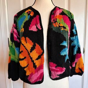 Vintage Dana Buchman black & colorful parrot novelty cropped knit cardigan, S